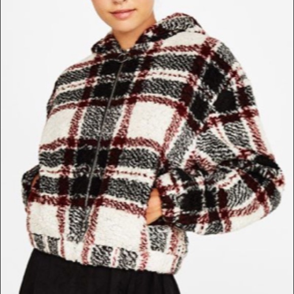 Bershka Jackets & Blazers - Bershka Faux Shearling Plaid Hooded Zip Up Jacket!
